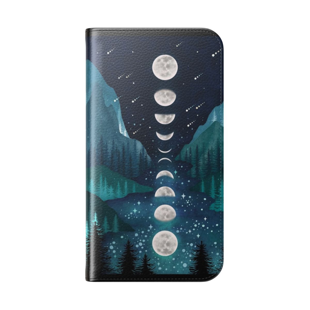 Flip phone case featuring a night sky design with a crescent moon, moths, and butterflies - Folded Back