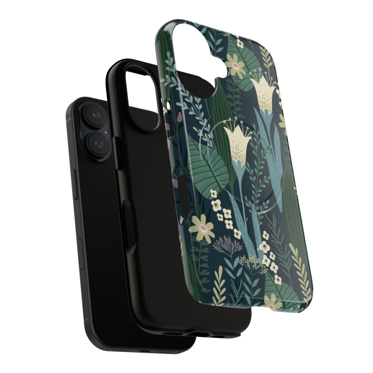 Magnetic phone case featuring a vibrant evening lily and wildflower pattern in a mid-century inspired style. - Layers