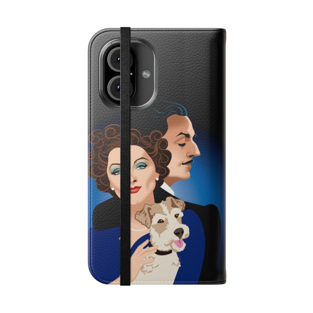 Flip phone case with artwork of a vintage Hollywood detective couple and their fox terrier companion - Folded Front