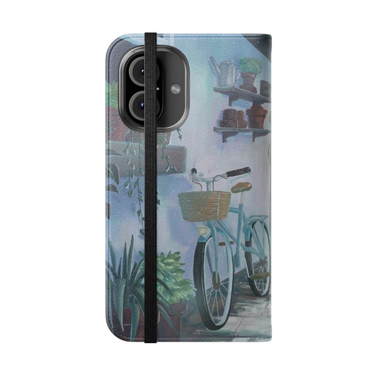 A high-quality flip cover phone case featuring a serene landscape design with rain, plants, and a cool, calming atmosphere. - Folded Front