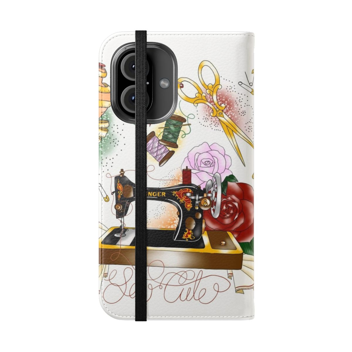 Vintage-inspired flip cover phone case with sewing-themed design, including a mannequin, scissors, and other ornate elements in a gold and white color scheme. - Folded Front