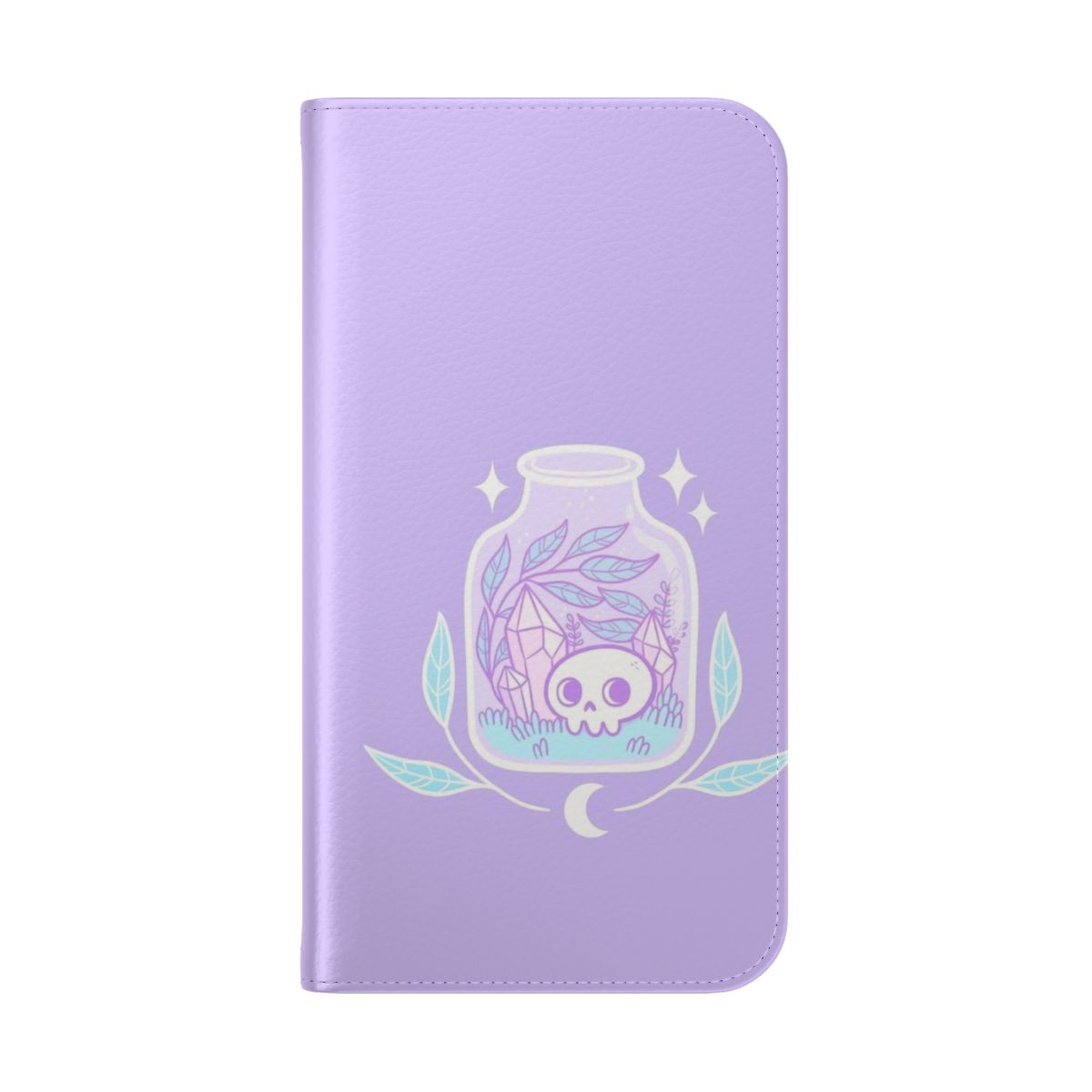 Pastel terrarium-themed flip phone case with crystals, moon, and skull design - Folded Back