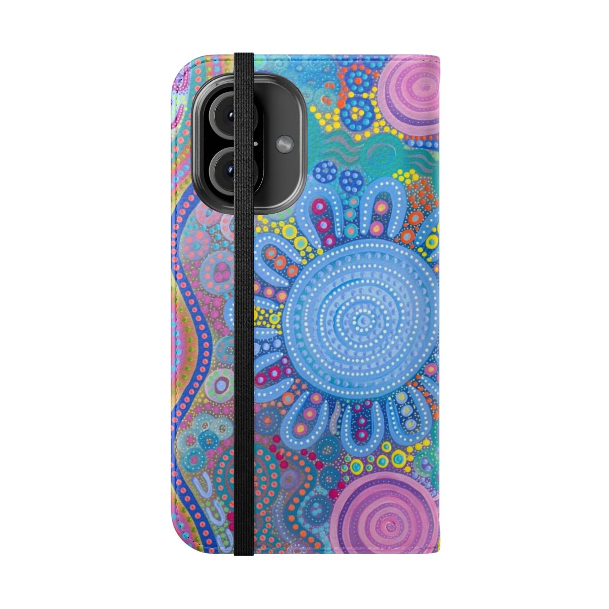 Family Gathering Flip Cover Phone Case with Aboriginal Artwork - Folded Front