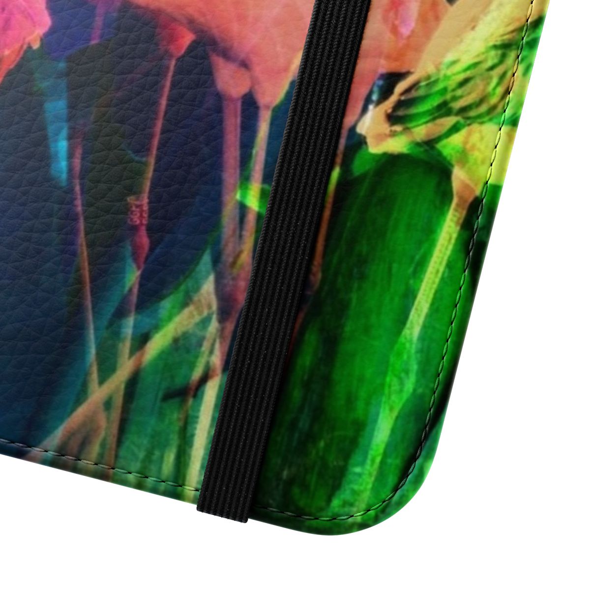 Vibrant flamingo and floral design on a pink phone case - Close Up