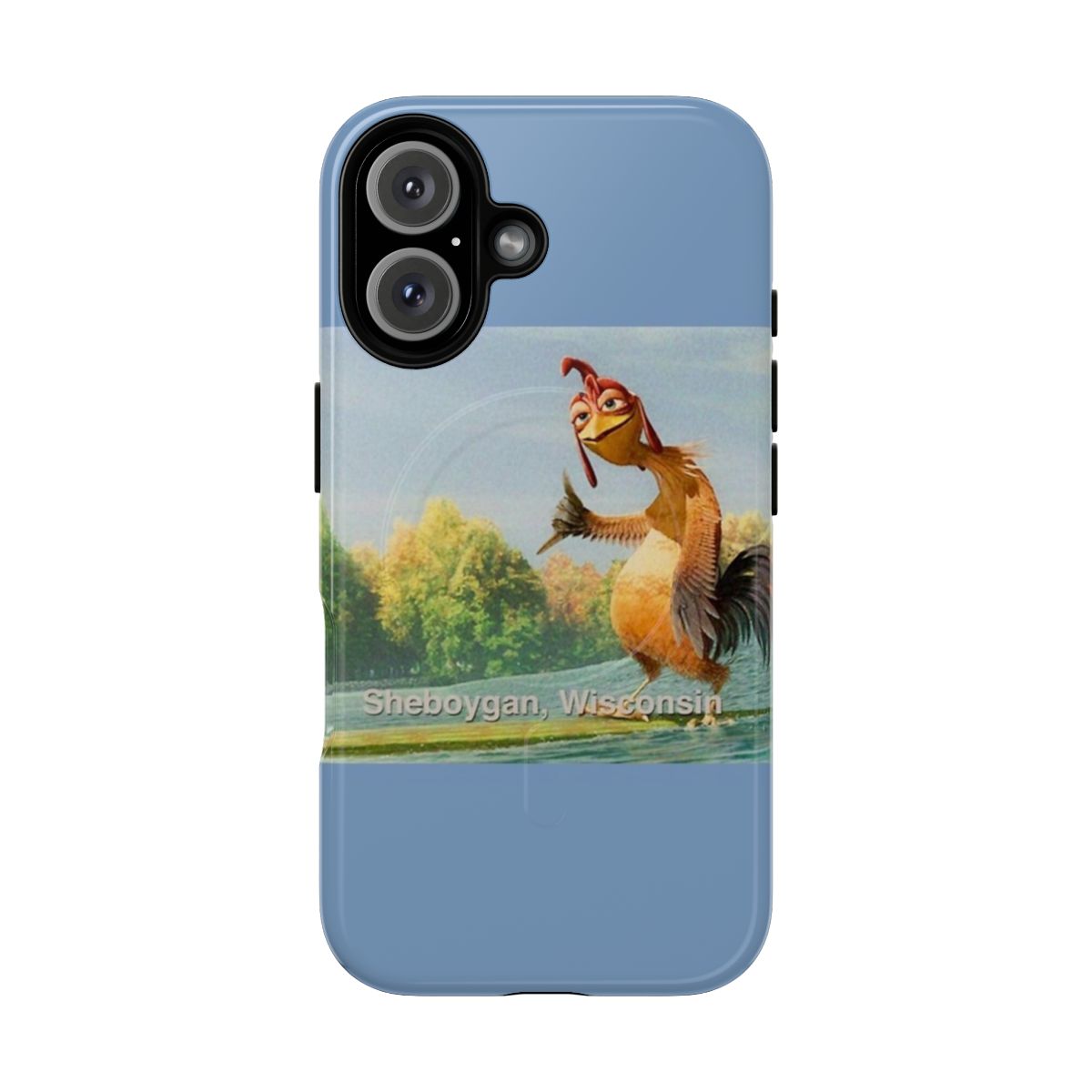 A blue phone case with an image of the character Chicken Joe from the film "Surfs Up"