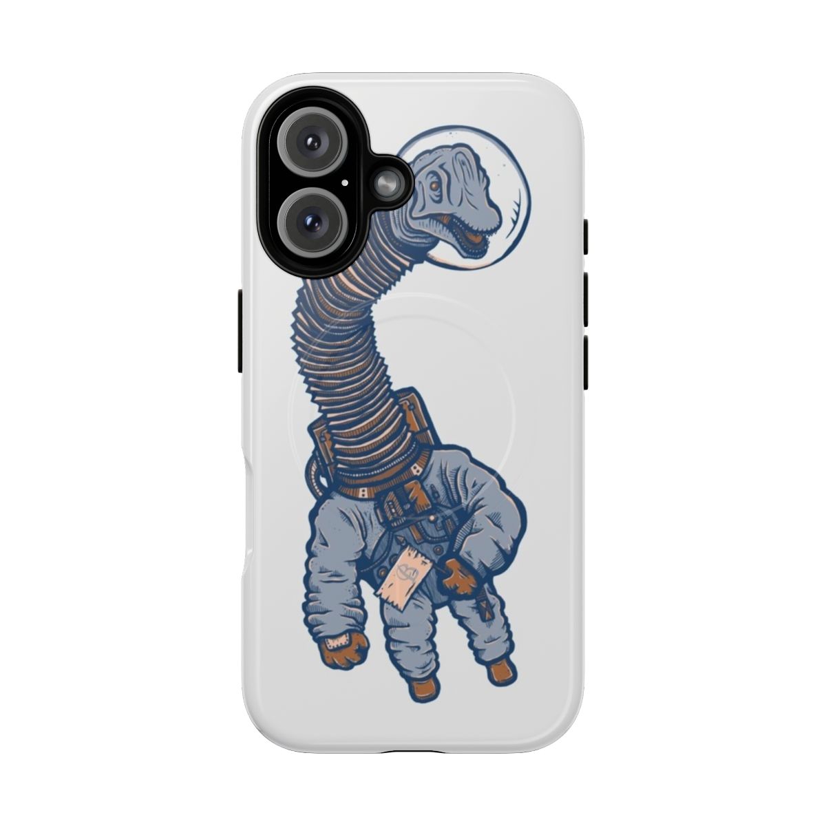 Illustration of a brachiosaurus dinosaur wearing an astronaut suit, floating in a starry galaxy background.