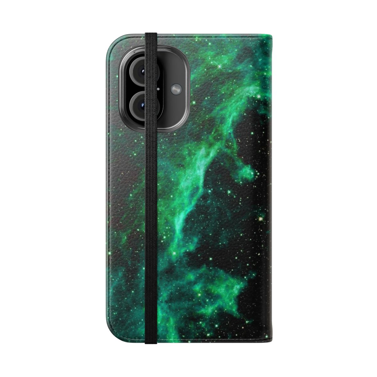 A green flip cover phone case featuring a cosmic galaxy design with stars, planets, and constellations. - Folded Front