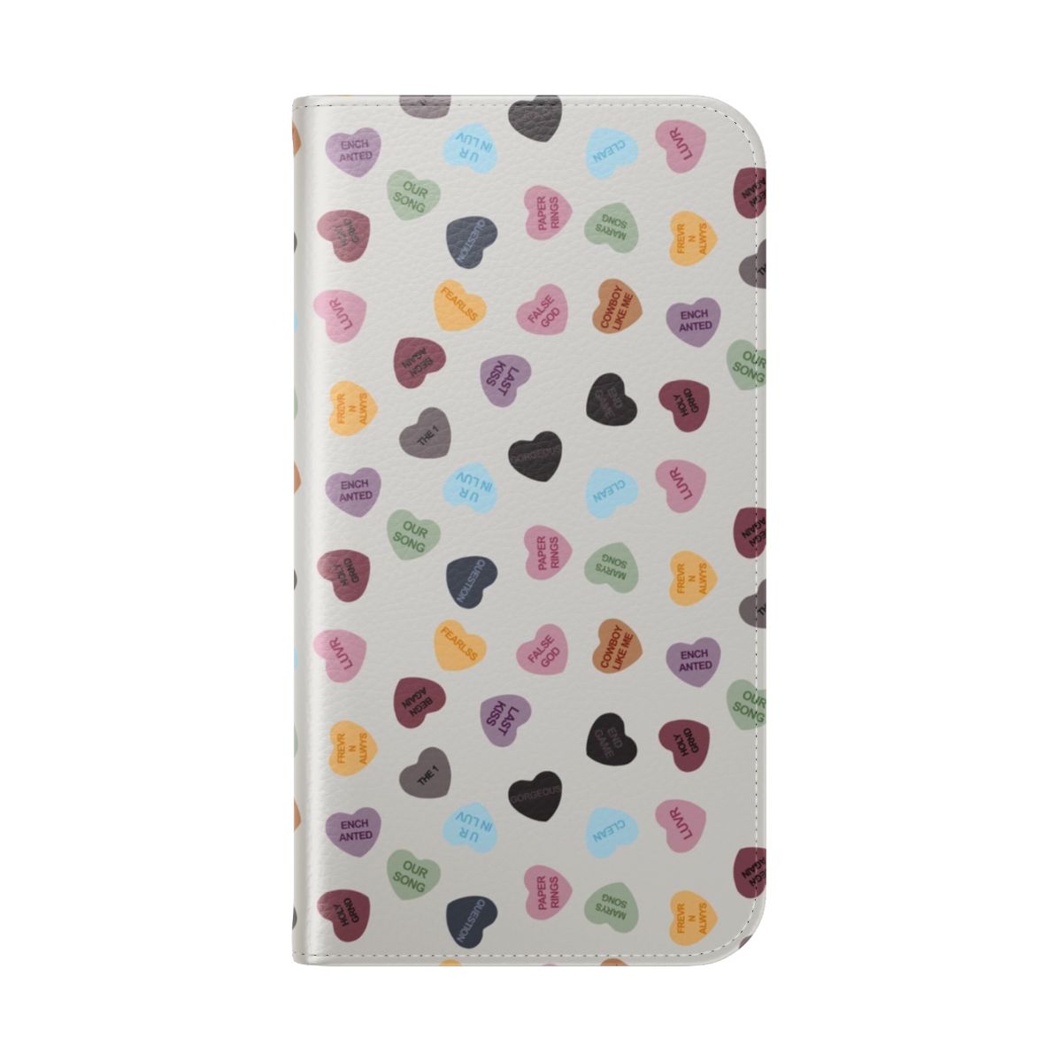 Eras Candy Hearts phone case featuring a Taylor Swift-inspired design - Folded Back