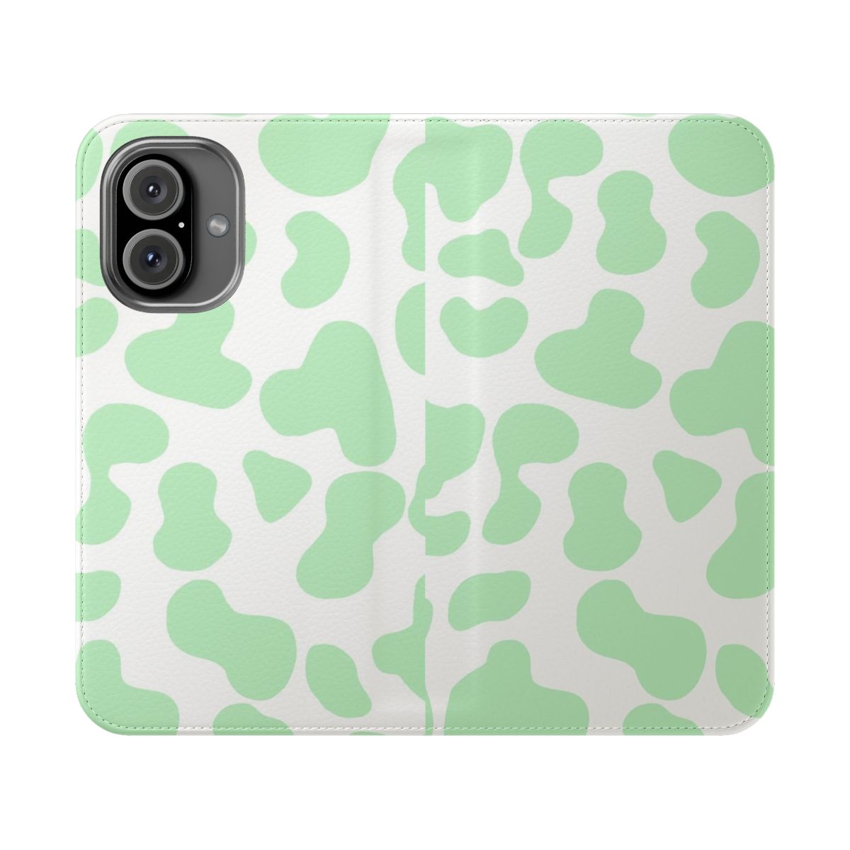 Mint green phone case with a cute cow pattern design