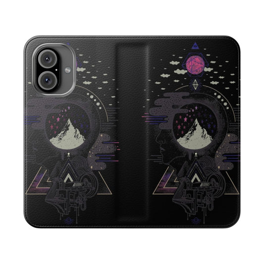 A unique and artistic phone case featuring a surreal, abstract design with a dreamlike space theme.