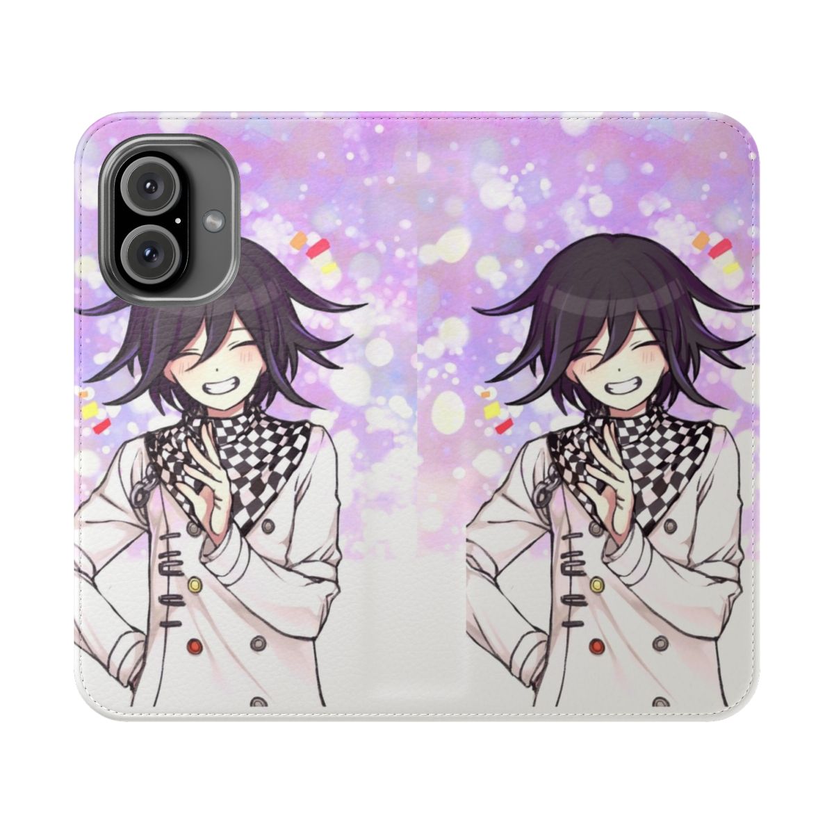 Kokichi Ouma inspired flip cover phone case with a custom background design.