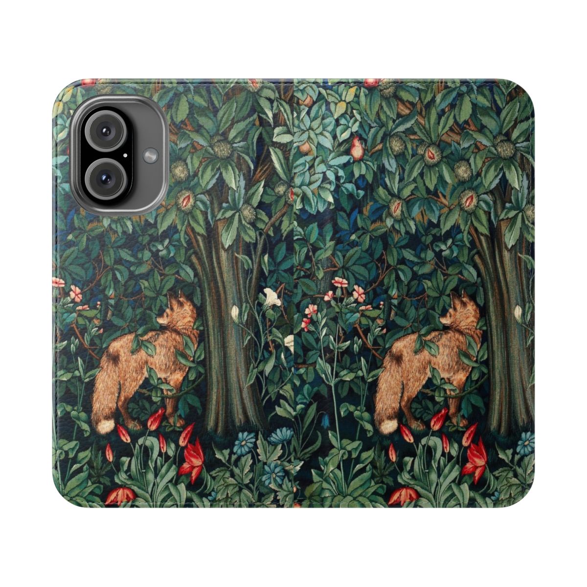 Vintage floral phone case with foxes and hares in a green and blue woodland scene