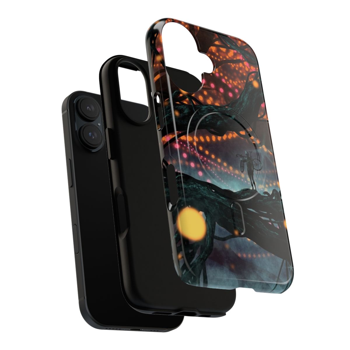 Surreal phone case design featuring a flat tire in a neon forest landscape - Layers