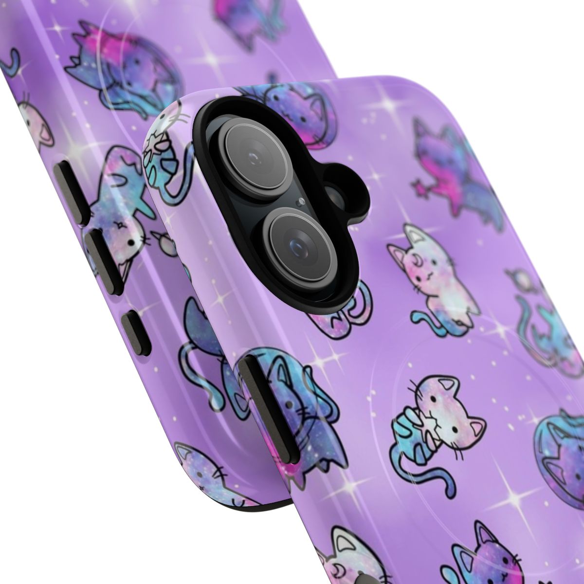 A phone case featuring a pastel, abstract design of a cat in a galaxy or nebula background. - Detail