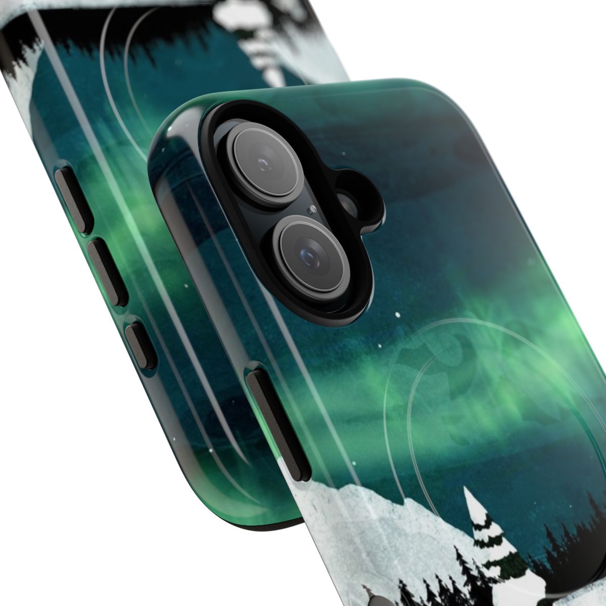 Magnetic tough phone case featuring a beautiful northern lights landscape design - Detail