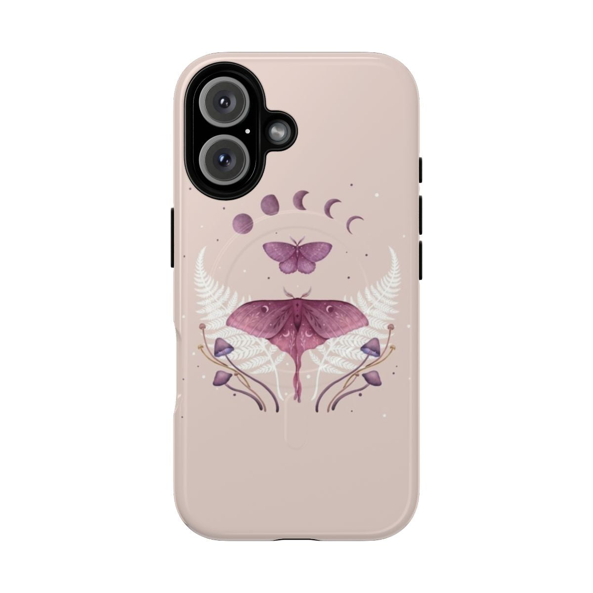 Pastel pink vintage phone case with moon, night garden, and moth design