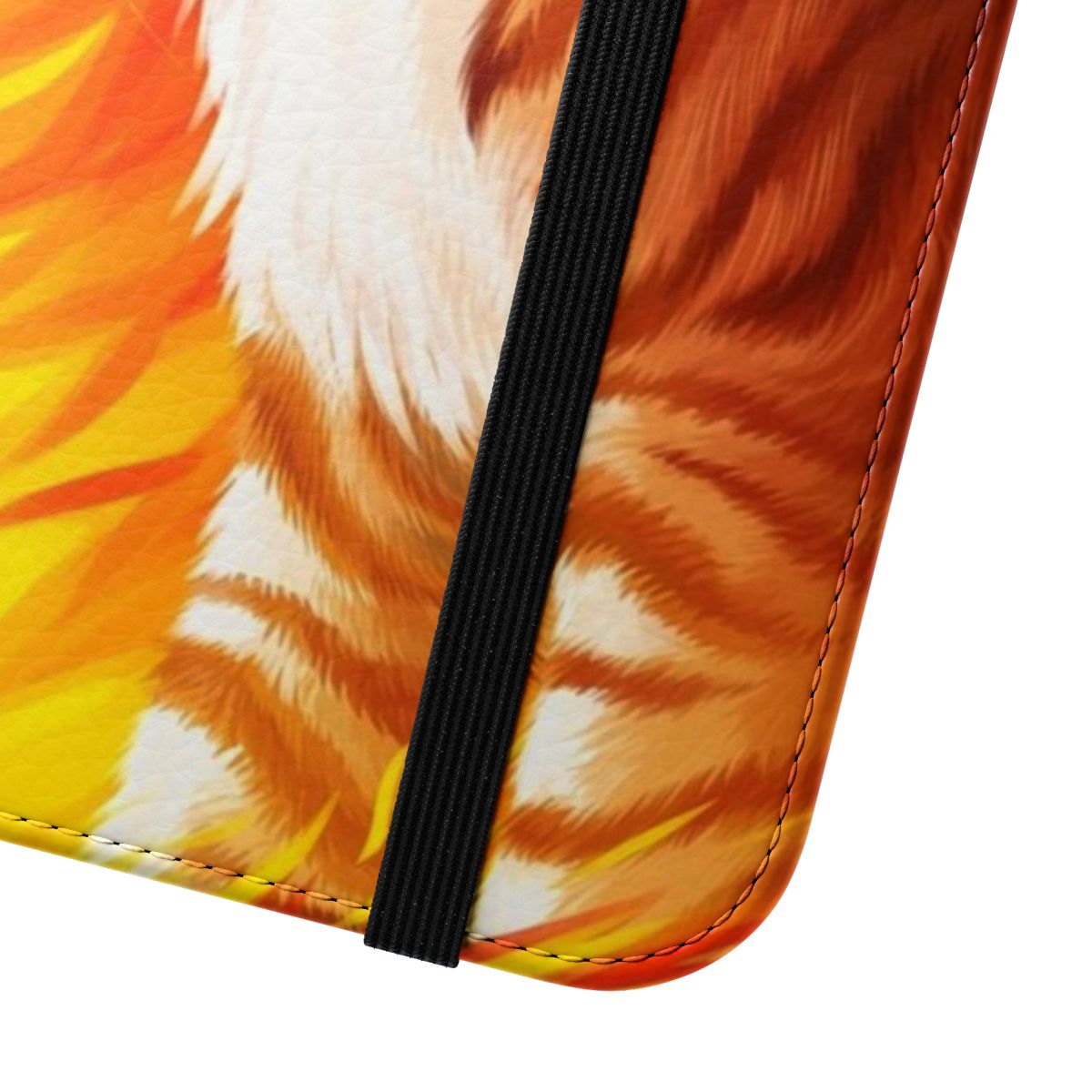 A high-quality flip phone case featuring a printed design inspired by the Warrior Cats character Firestar. - Close Up