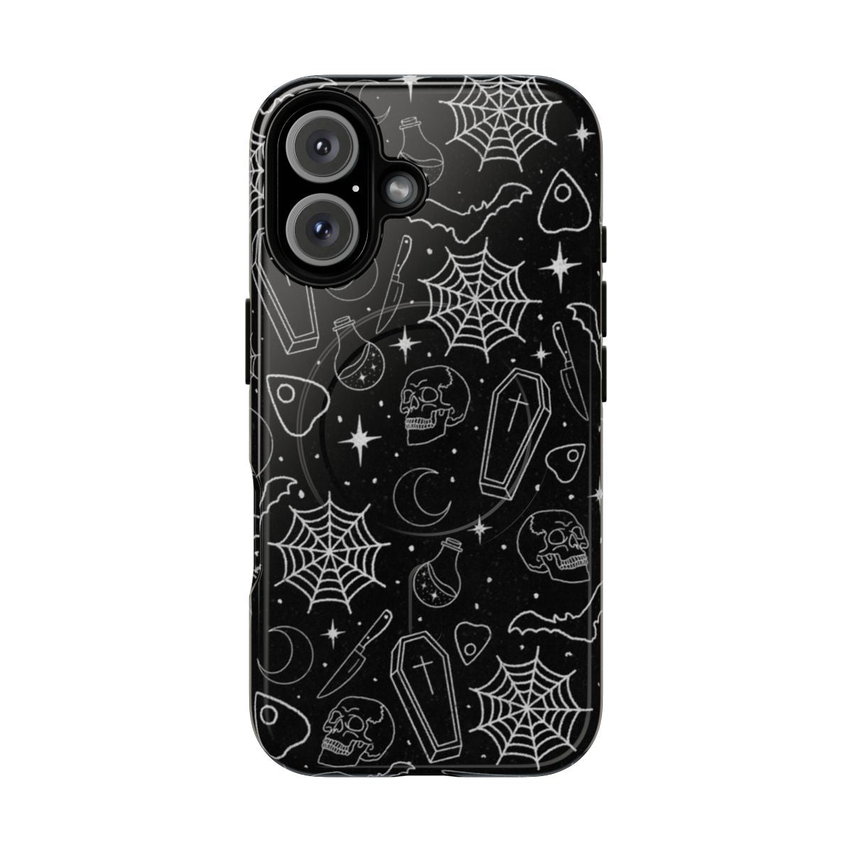 Spooky season magnetic tough phone cases featuring skulls, coffins, bats, and other Halloween and gothic design elements