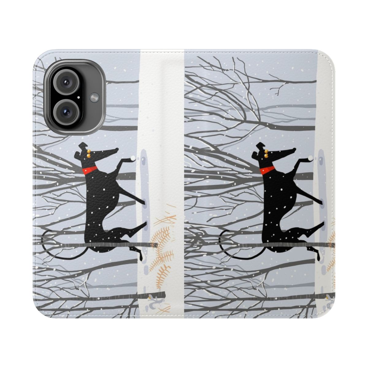 Illustration of a greyhound dog in a snowy, winter landscape on a phone case