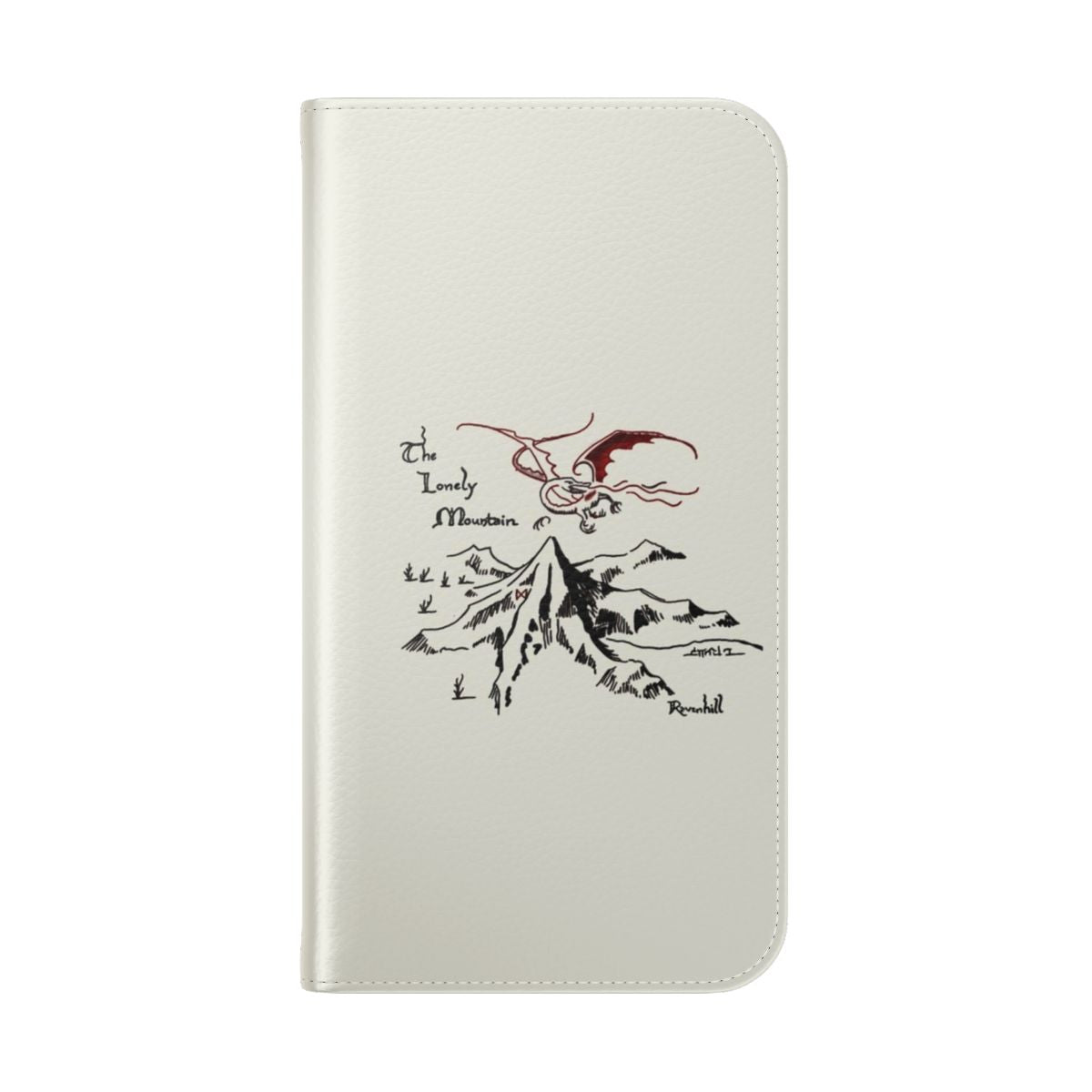 Flip cover phone case featuring a fantasy landscape with a dragon's hoard in a solitary mountain, inspired by the Lord of the Rings universe. - Folded Back