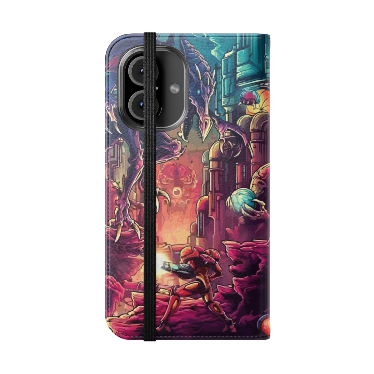 Retro gaming inspired flip cover phone case with iconic video game references - Folded Front