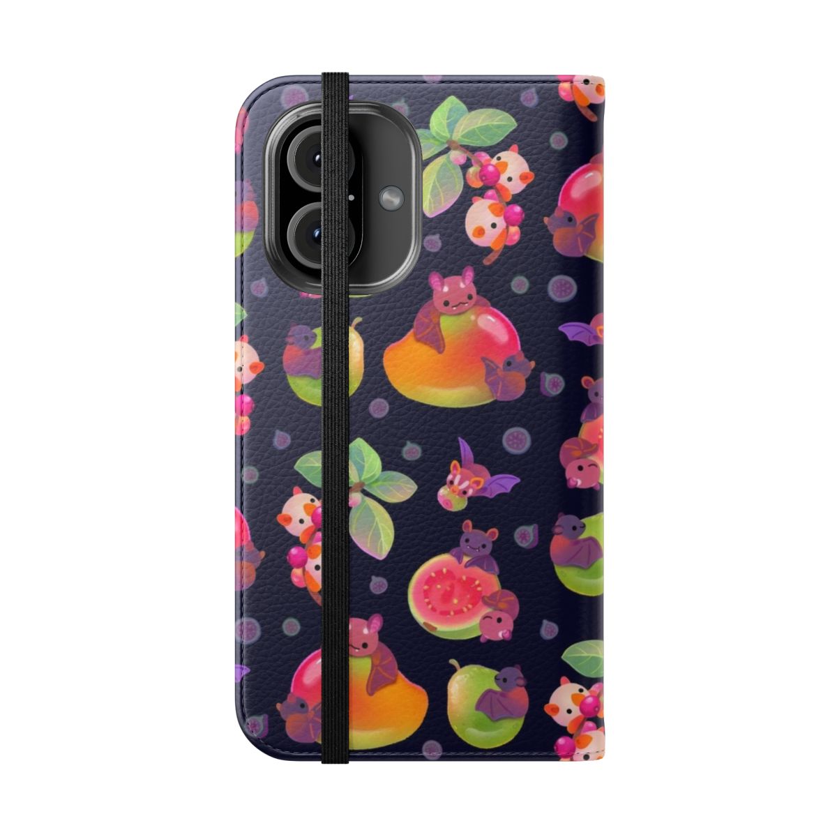 Tropical fruit bat design on a dark flip cover phone case - Folded Front