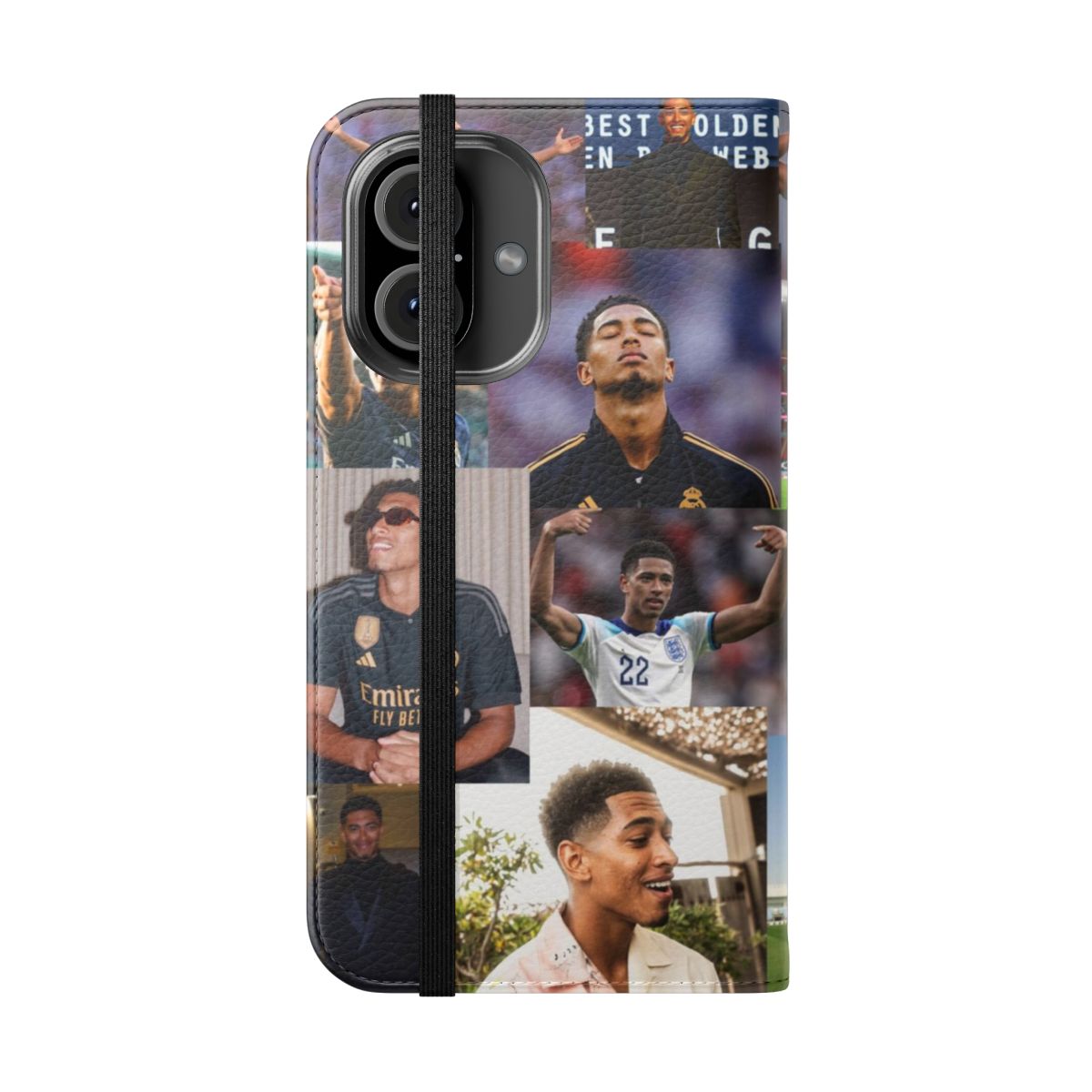 Artistic collage phone case featuring images of soccer player Jude Bellingham - Folded Front