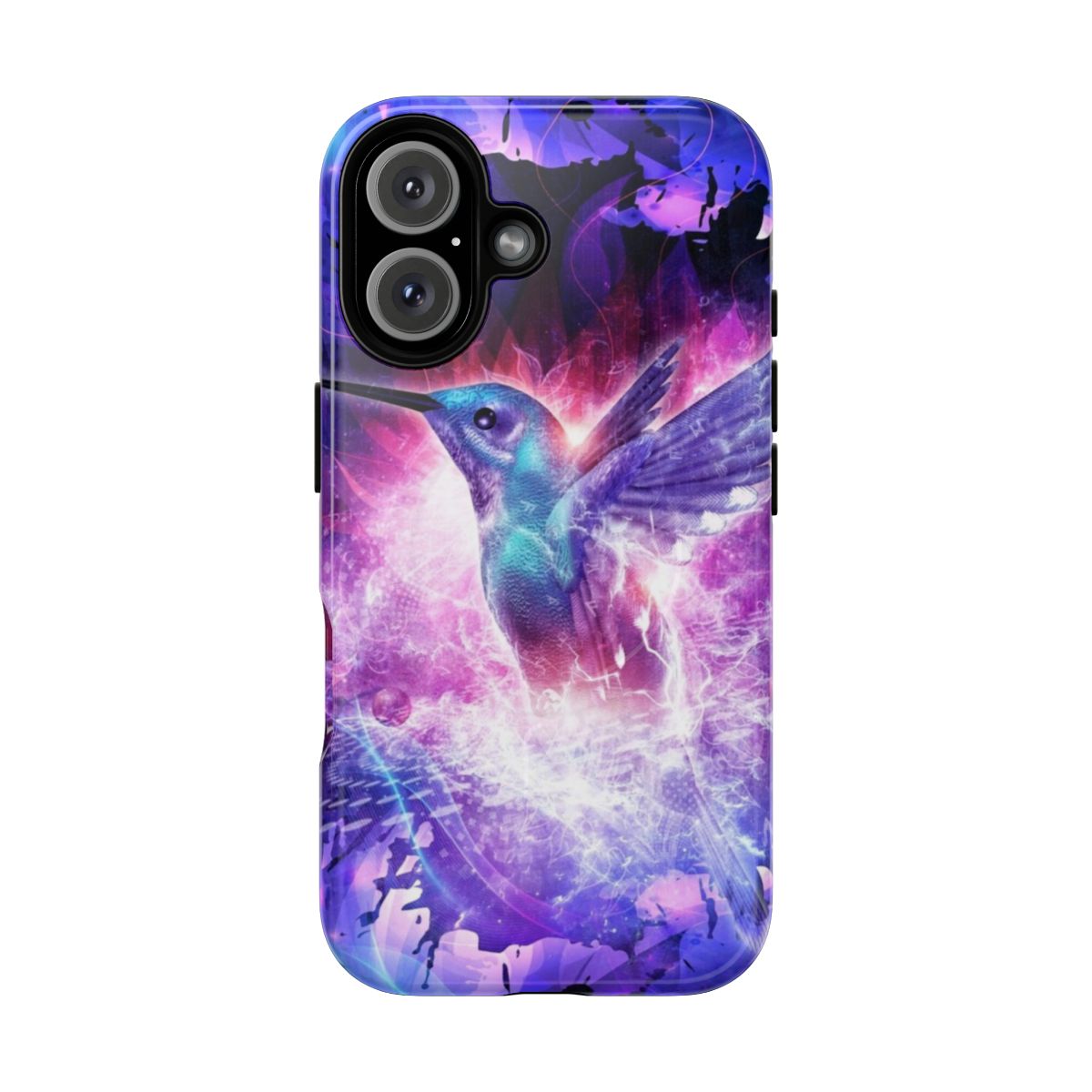 Colorful phone case featuring a hummingbird design in a cosmic, space-inspired setting.