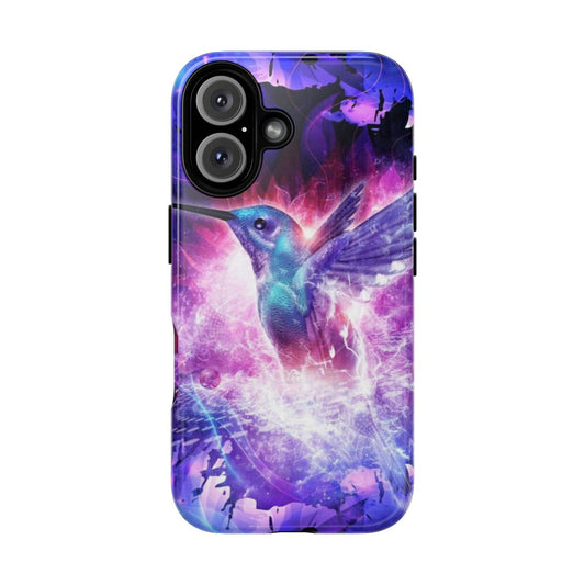 Colorful phone case featuring a hummingbird design in a cosmic, space-inspired setting.