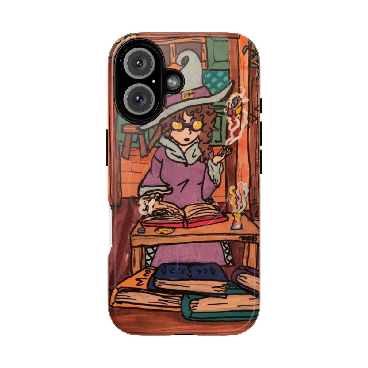 Spellcasting witch themed phone case with a magnetic closure and tough design