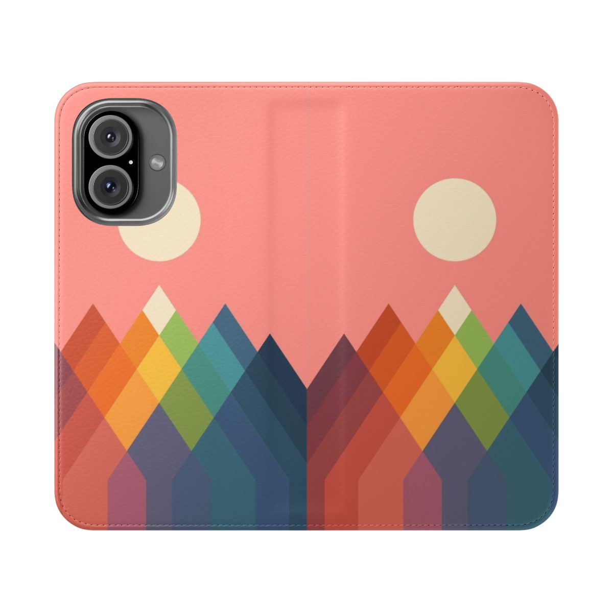 Colorful rainbow-themed geometric phone case with a mountain landscape design.