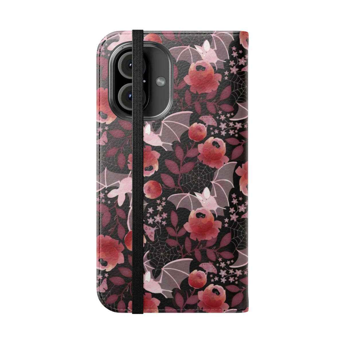 Pastel bat and floral design on a black background phone case cover - Folded Front