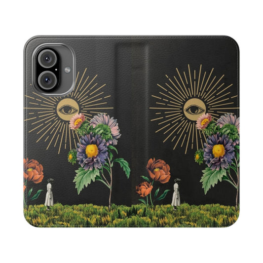 Artful solar-powered flip phone cover with a collage of surreal floral imagery, sun, and eyes