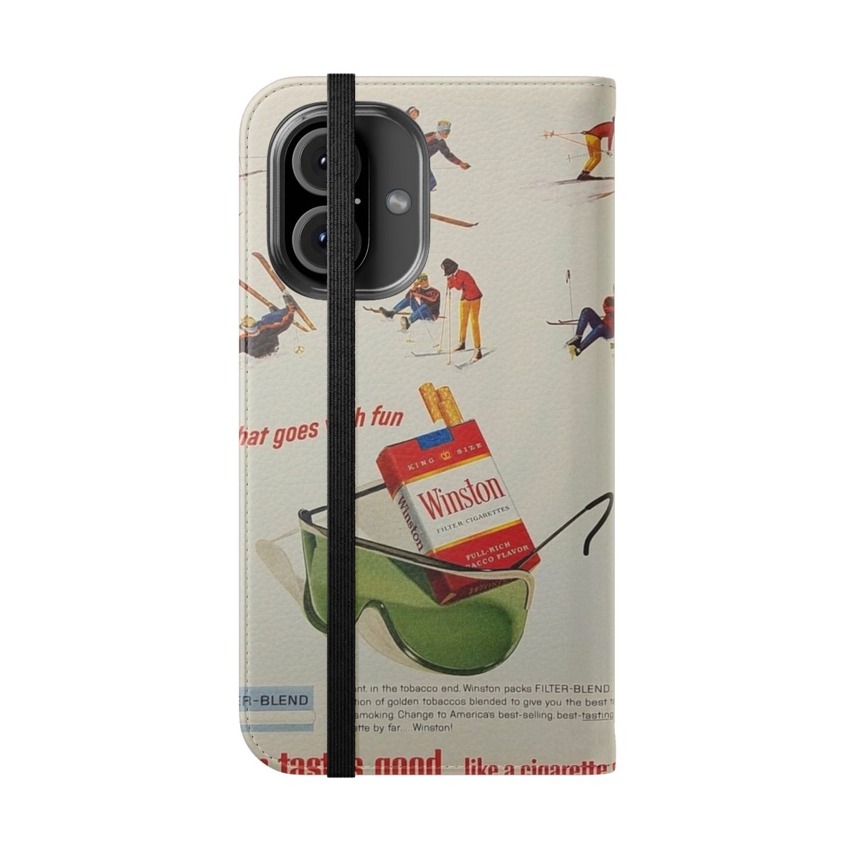 Vintage style flip cover phone case with a retro cigarette skiing advertisement design - Folded Front