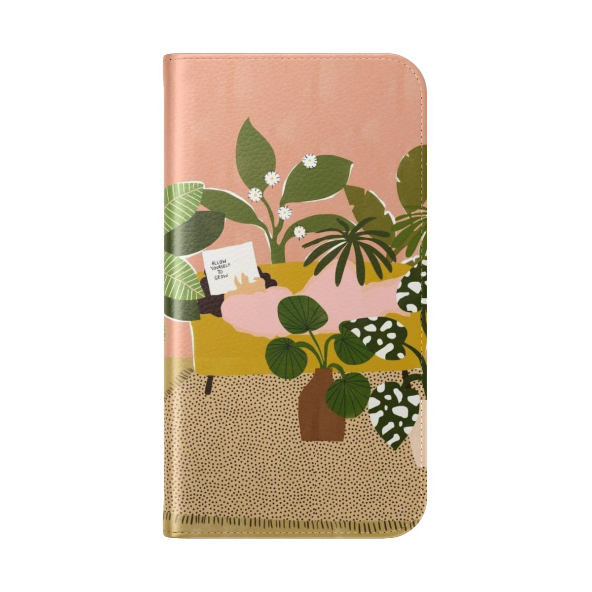 Flip cover phone case with abstract, botanical design for plant and book lovers - Folded Back