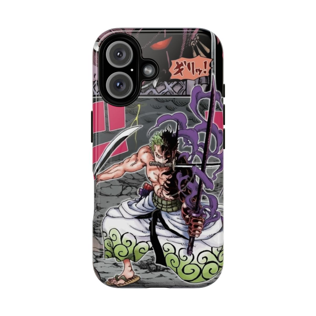 Colorful manga-inspired phone case featuring Zoro from the anime/manga series One Piece