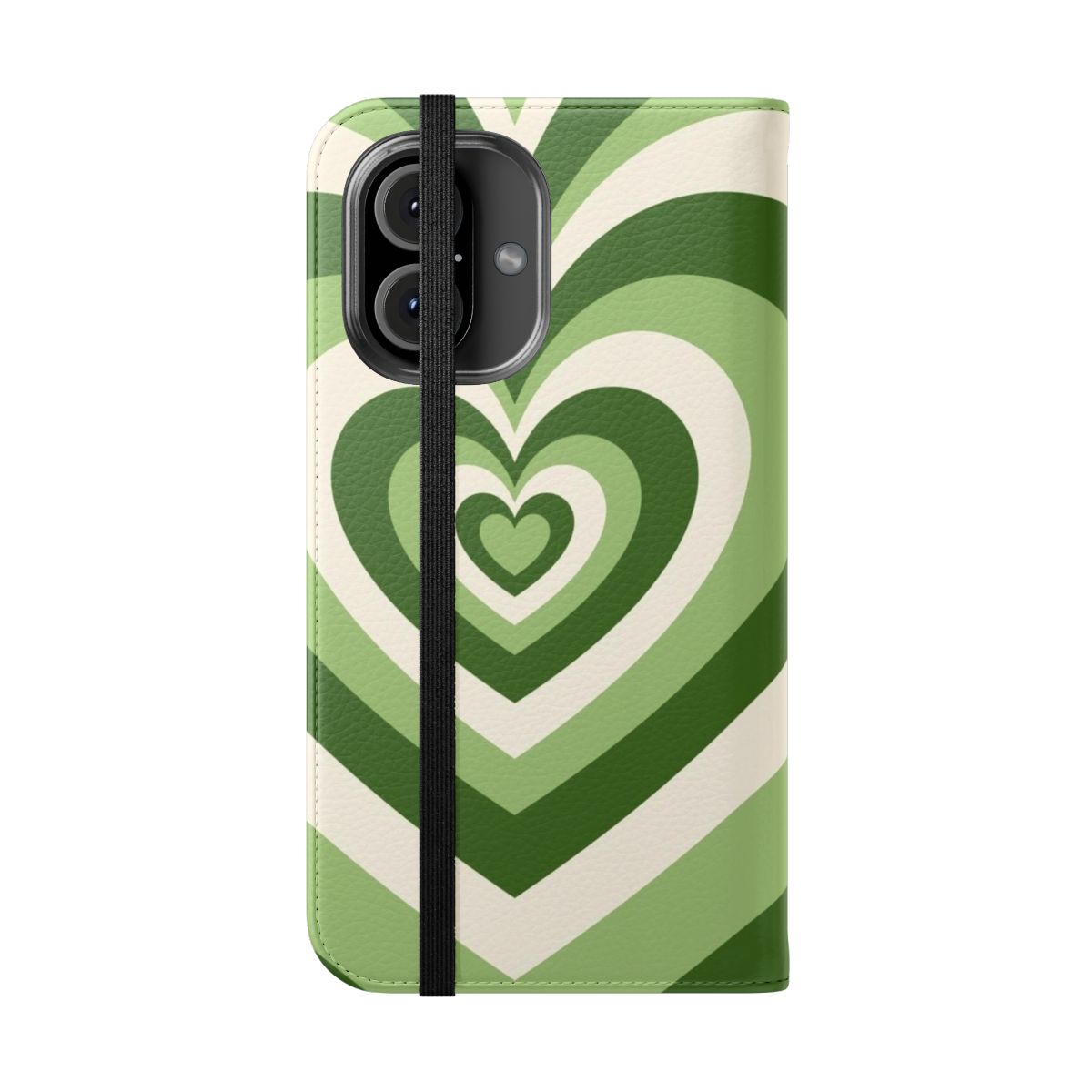 Sage green wildflower pattern flip phone case with a matcha love heart design - Folded Front