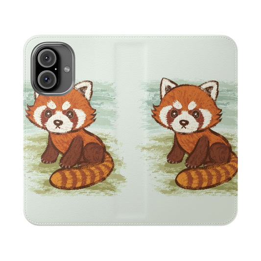 A close-up photo of a red panda printed on a phone case