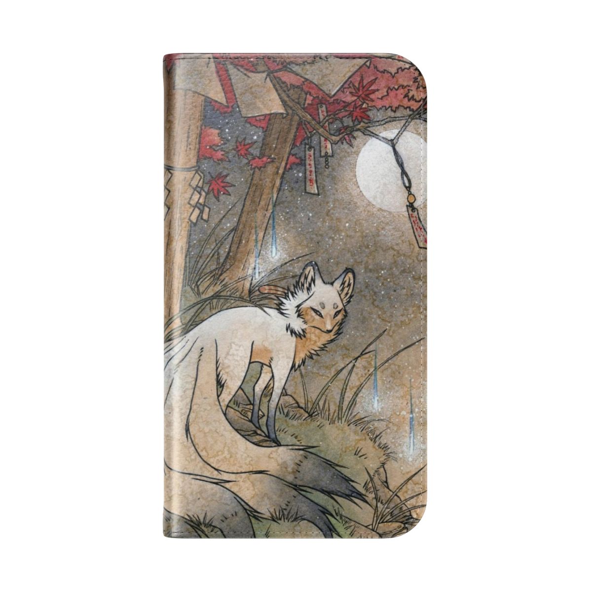 Watercolor illustration of a tea fox spirit under a full moon and maple leaves on a flip cover phone case - Folded Back