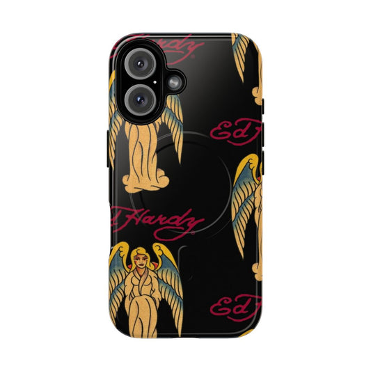 A red and black ed hardy-inspired angel phone case with a magnetic closure for protection.