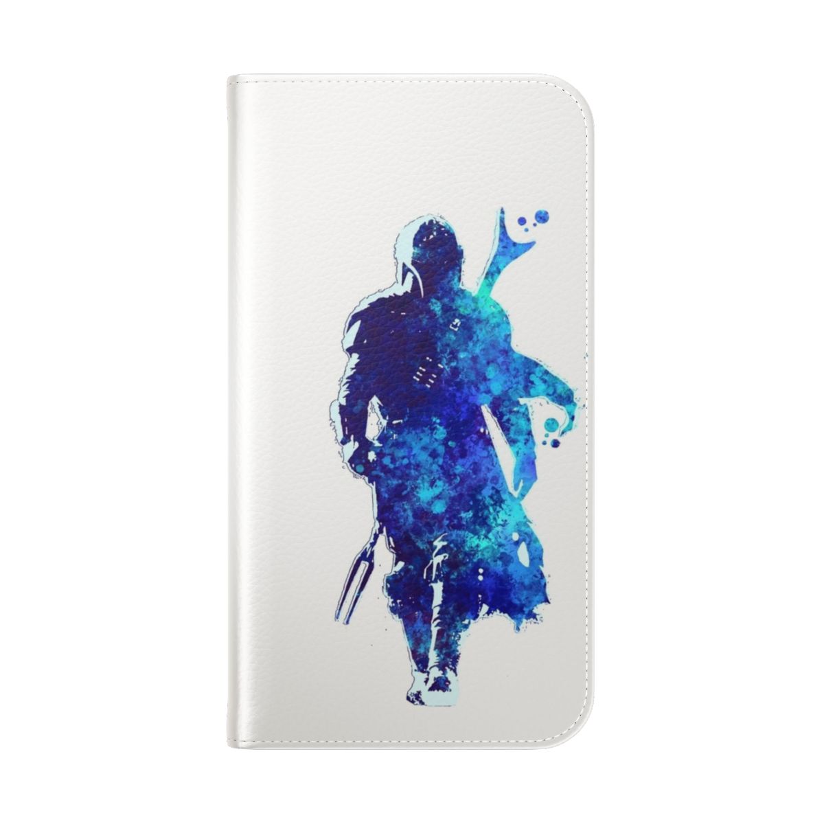 Silhouette blue paint spatter phone case with Mandalorian-inspired design - Folded Back