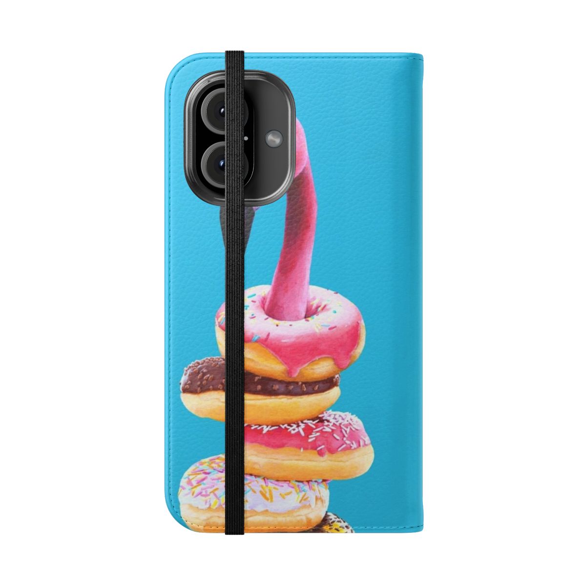 A vibrant and whimsical flip cover phone case featuring a flamingo with a doughnut - Folded Front