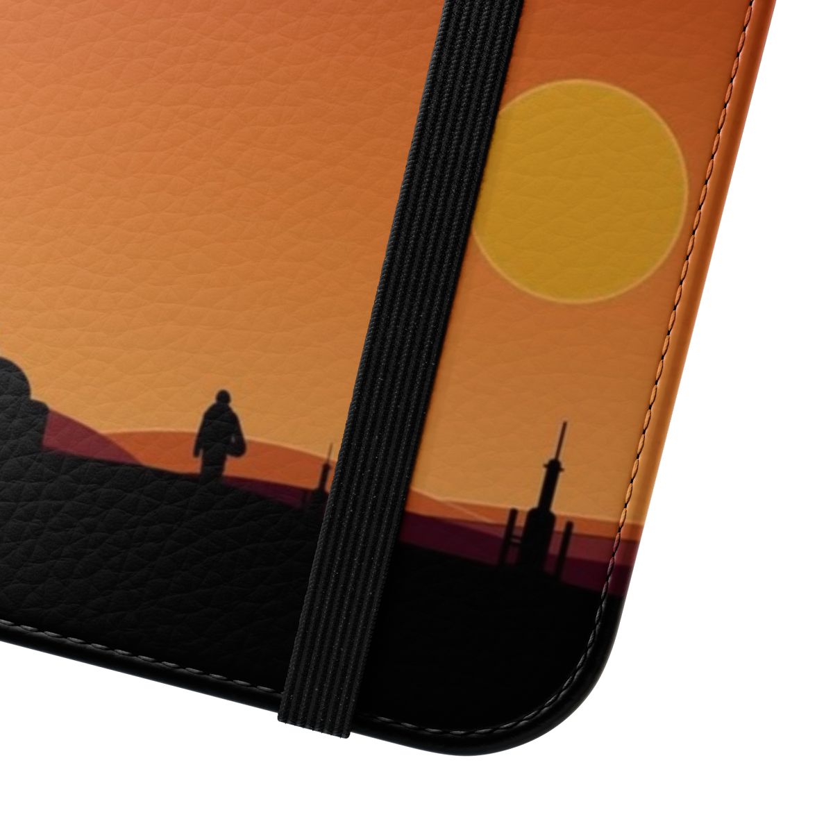 "Binary sunset-themed flip cover phone case with sci-fi art design" - Close Up