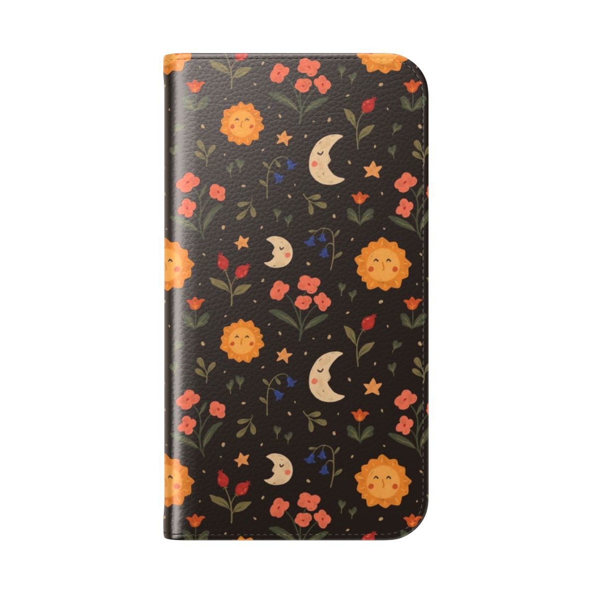 Floral phone case with a soothing pattern of suns, moons, and botanical flowers against a peaceful night sky background. - Folded Back