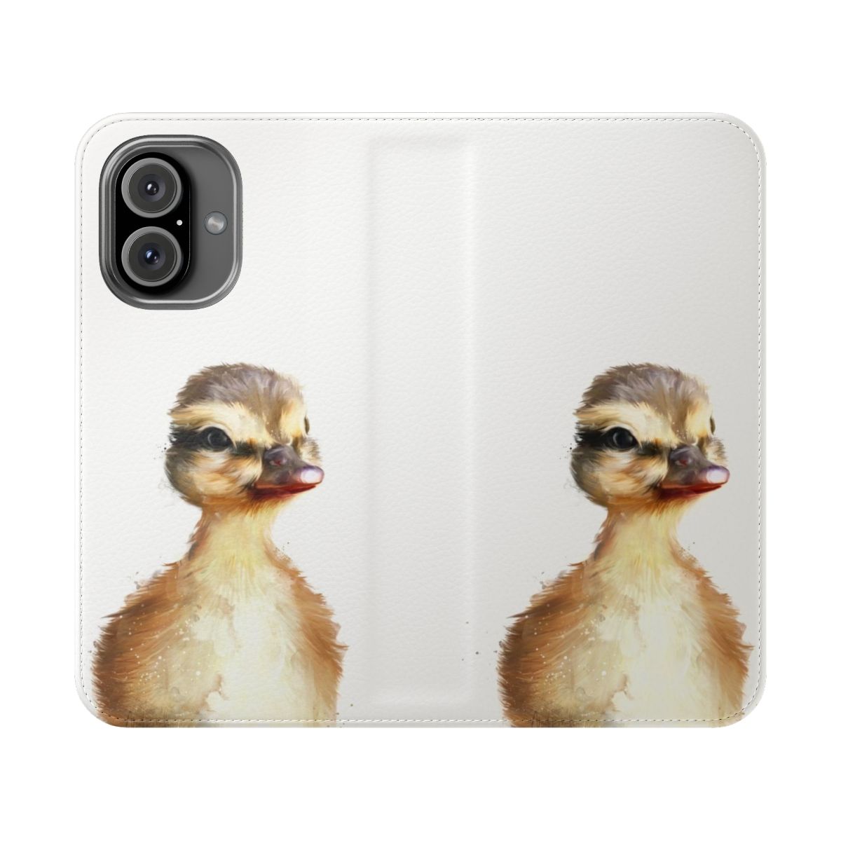 Closeup photo of a cute little duck on a flip cover phone case