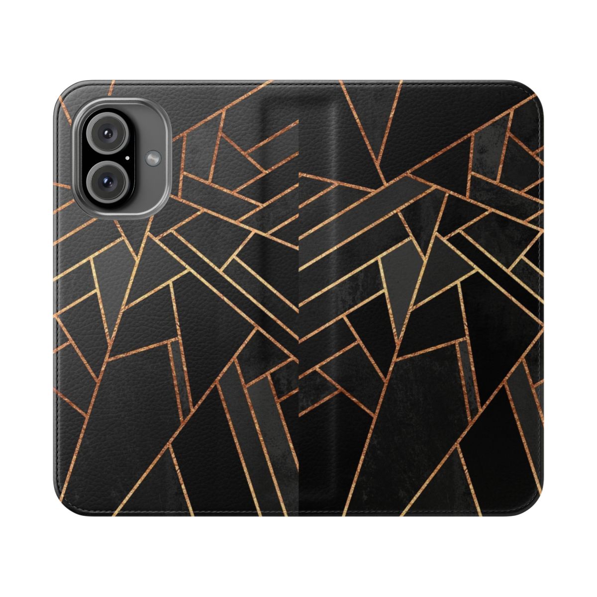 A black and copper abstract geometric phone case with a modern, minimalist design.