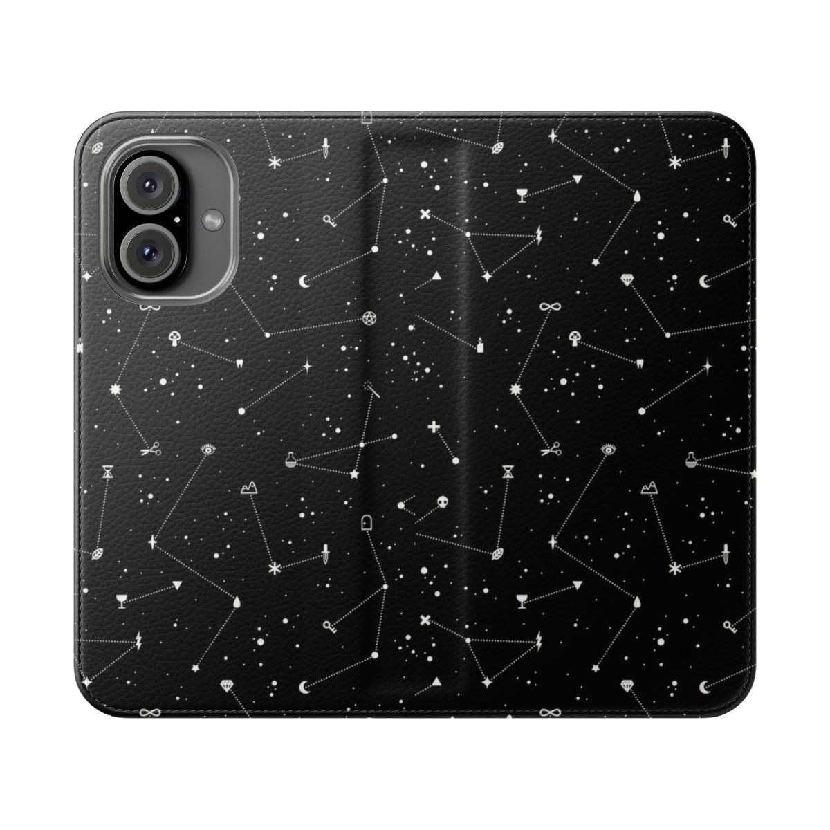 Constellation black and white flip phone case with stars and celestial patterns