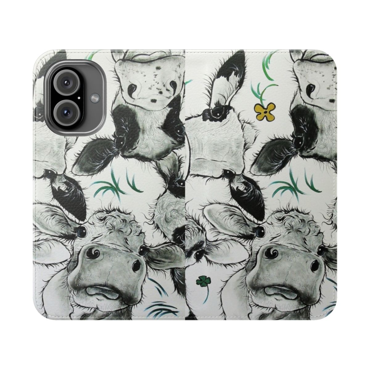 Charcoal and white cow print pattern on a flip phone case