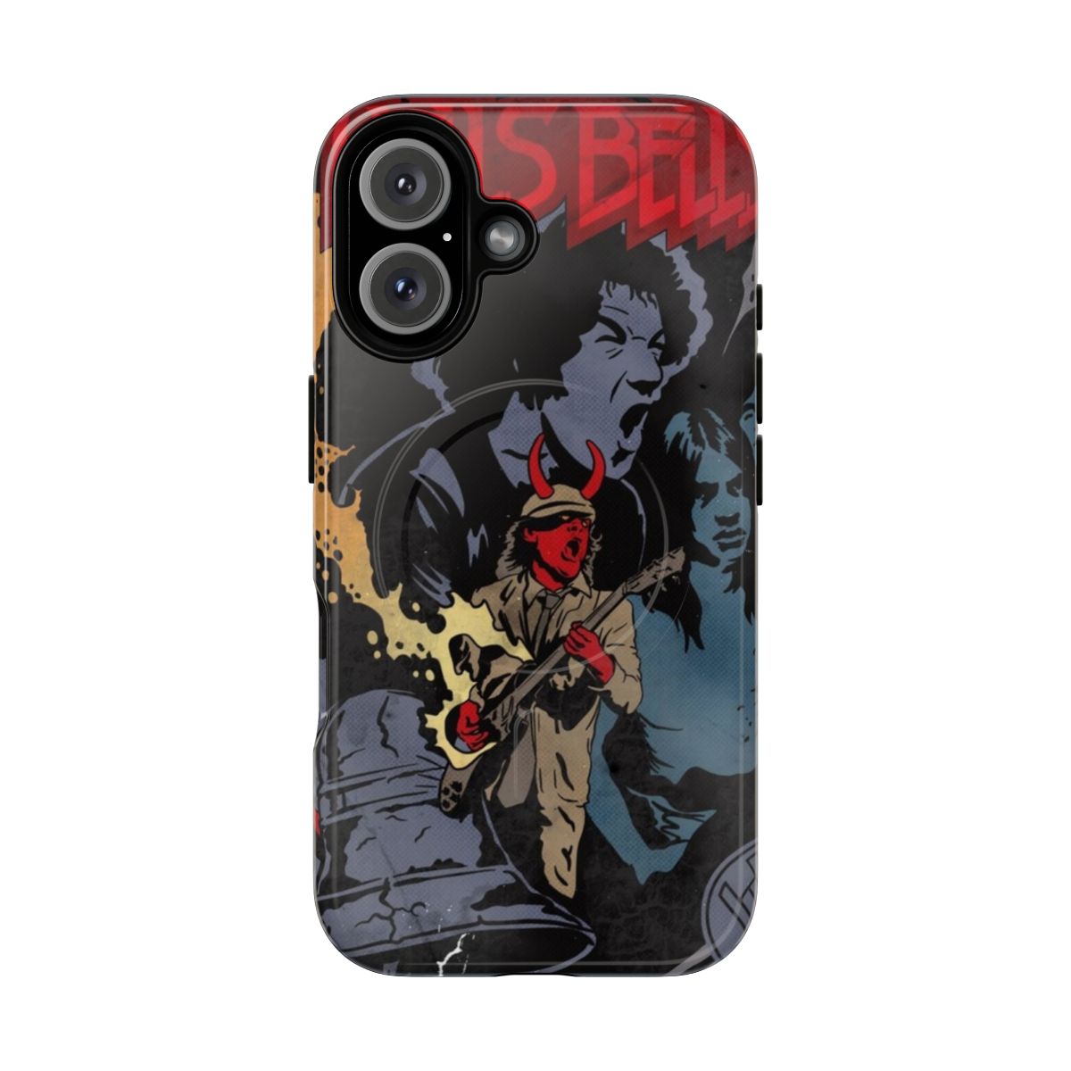 Superhero-themed phone case with heavy metal music graphics