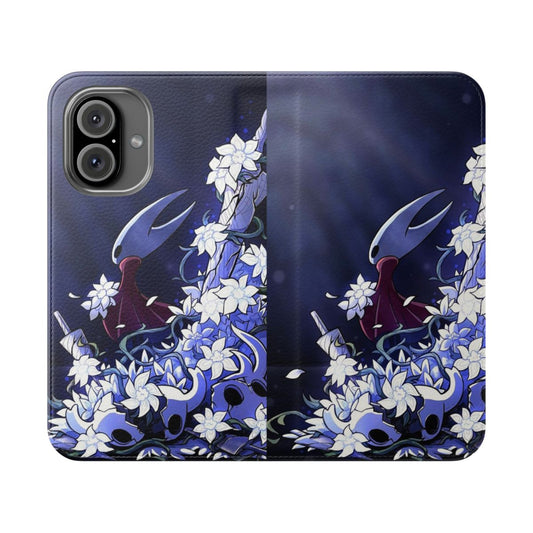 Hollow Knight-themed flip cover phone case with insect and gaming graphics